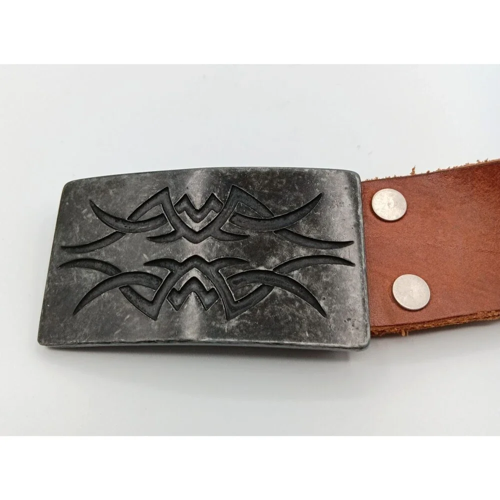 EXPRESS Genuine Leather Belt Women 32 (M) Brown Embossed Statement Boho Western
